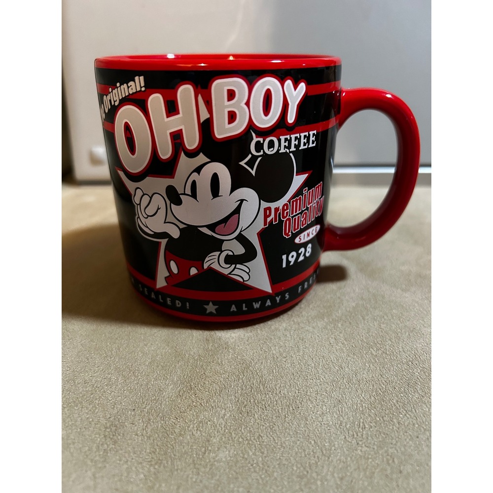 Disney Mickey Mouse Oh Boy Coffee Mug Red Black Stoneware 17oz Retro Style